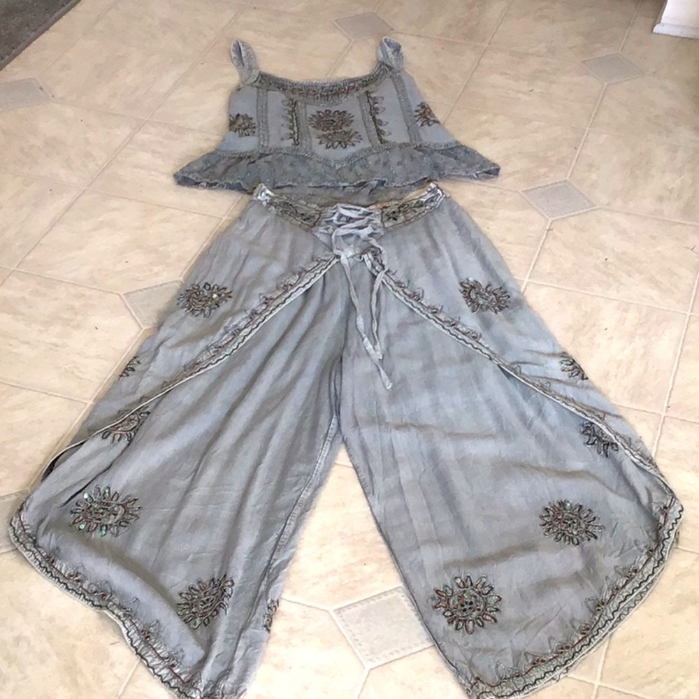 Adorable embroidered and embellished wrap pants and matching crop top.